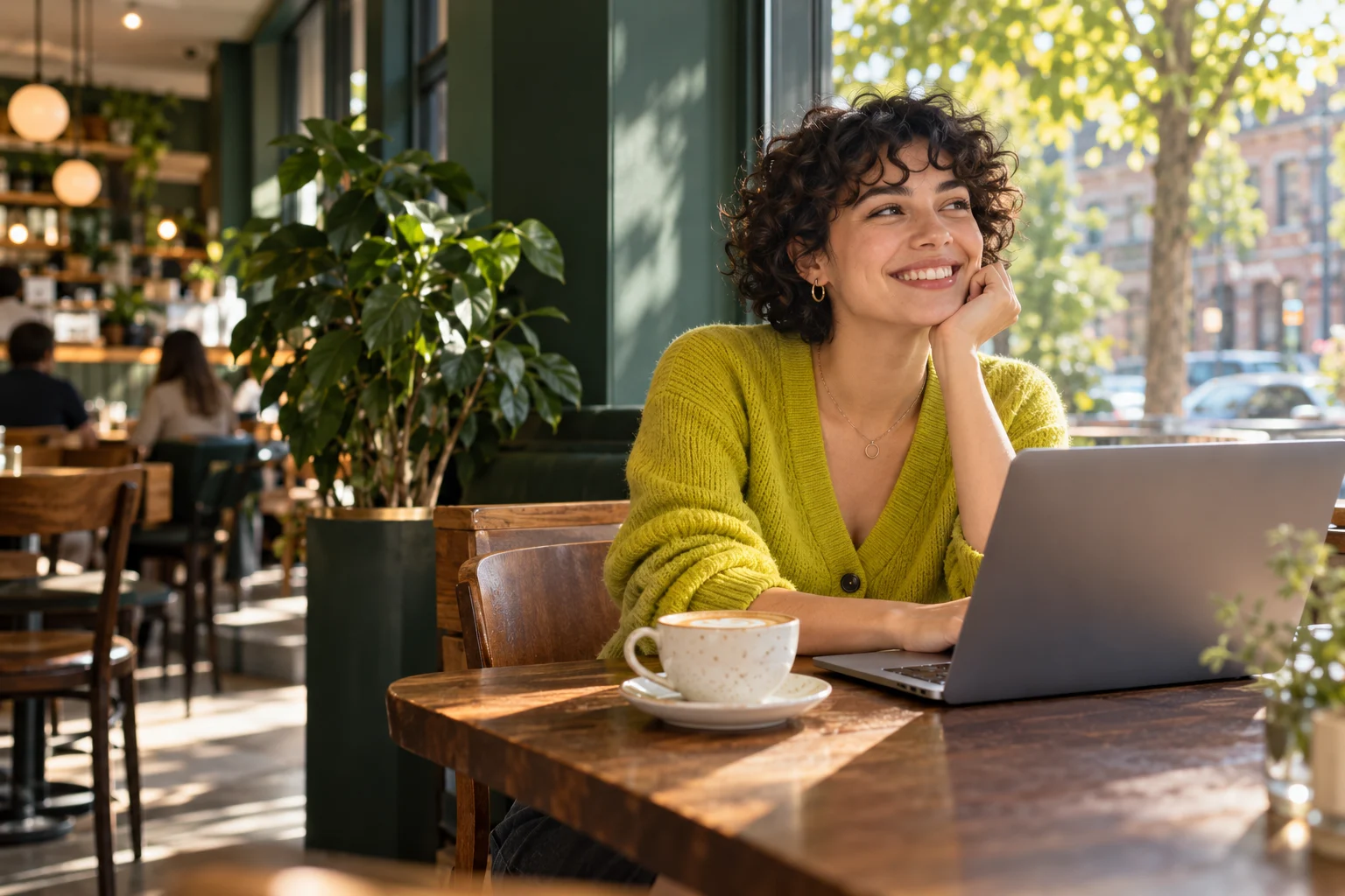 A woman enjoying a bright café with her laptop and a coffee
